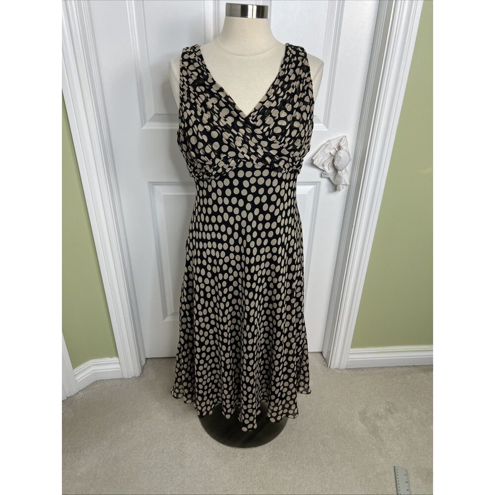 Adrianna Papell Silk Dress Sz 16 Black Polka Dot Sleeveless V-Neck Pleated Read